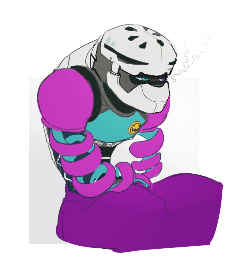 1boy arms_(game) baggy_pants blue_eyes blush gradient_background helmet heterochromia highres kid_cobra long_arms male_focus nintendo pants purple_eyes shanty_(mattariino) simple_background sitting solo steam white_background