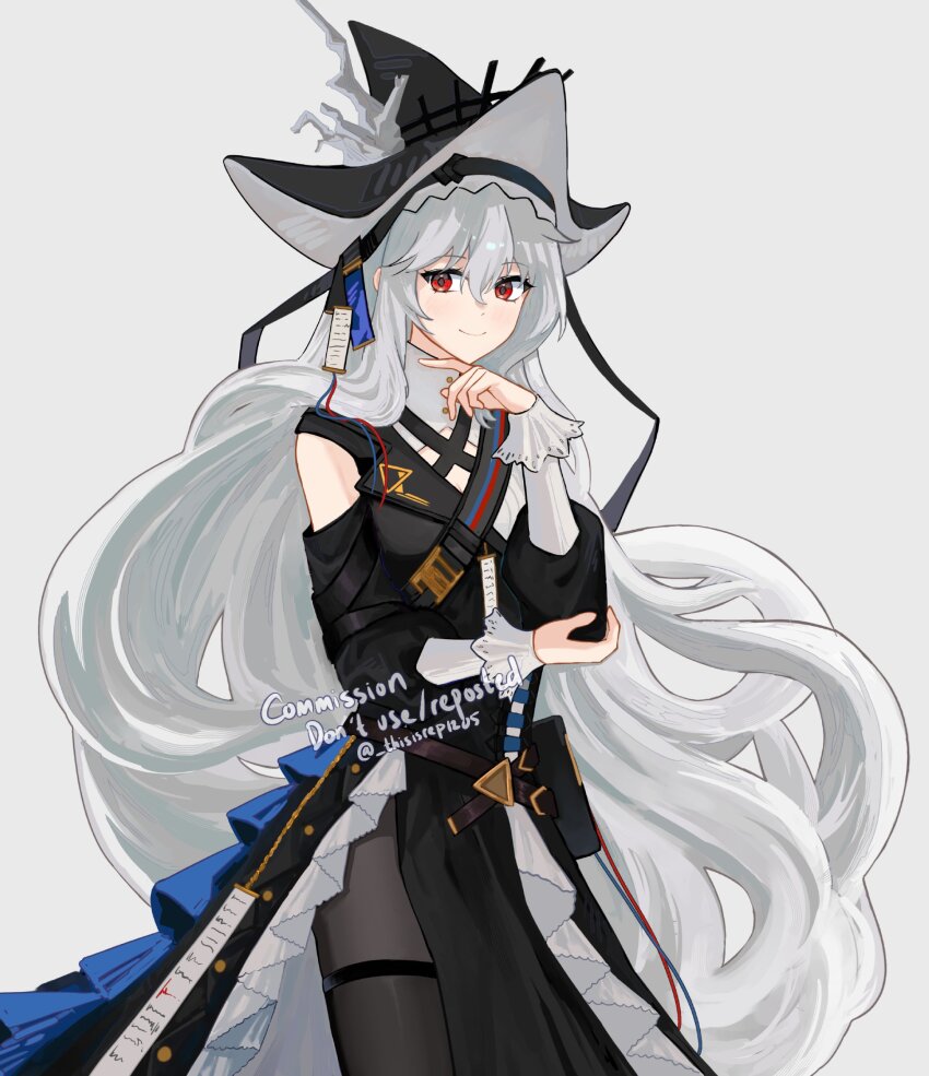 1girl arknights bare_shoulders black_hat black_pantyhose blush breasts cleavage closed_mouth commentary commission cowboy_shot english_commentary grey_background grey_hair grey_hat hair_between_eyes hand_on_own_chin hand_on_own_elbow hat highres long_hair long_sleeves looking_at_viewer medium_breasts pantyhose red_eyes rep120105 revision simple_background smile solo specter_(arknights) specter_the_unchained_(arknights) standing twitter_username two-sided_fabric two-sided_headwear watermark