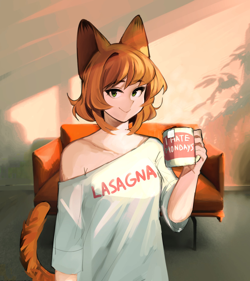 1girl absurdres animal_ears blush breasts brown_hair cat_ears cat_girl cat_tail closed_mouth clothes_writing coffee_mug collarbone couch cup english_text garfield garfield_(character) genderswap genderswap_(mtf) green_eyes highres holding holding_cup kumaartsu looking_at_viewer medium_breasts mug mug_writing off-shoulder_shirt off_shoulder orange_hair personification shirt short_hair smile solo tail teabag white_shirt