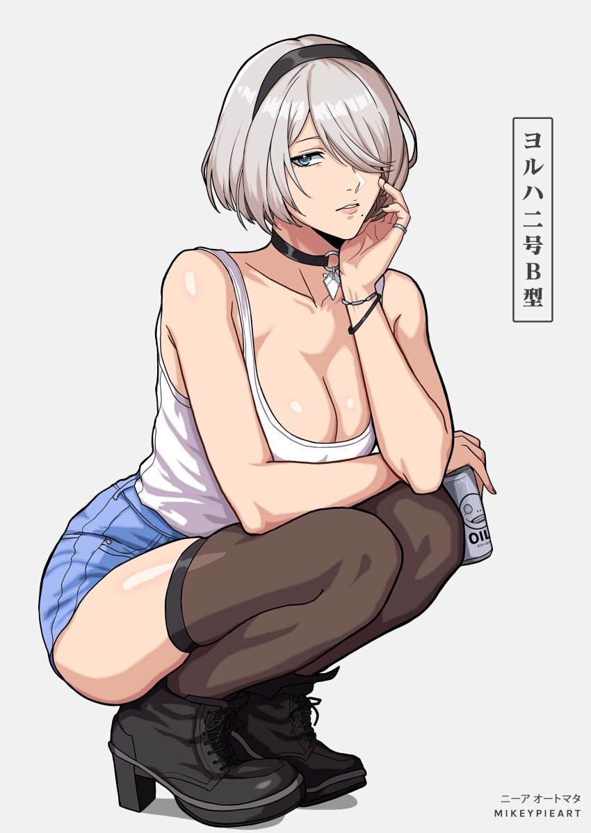 1girl 2b_(nier:automata) absurdres artist_name black_choker black_hairband black_shoes black_thighhighs blue_shorts breasts choker cleavage collarbone emil_(nier) hairband hand_on_own_face highres large_breasts mikey_pie nier:automata nier_(series) shirt shoes short_hair short_shorts shorts simple_background solo squatting tank_top thighhighs thighs white_background white_shirt white_tank_top