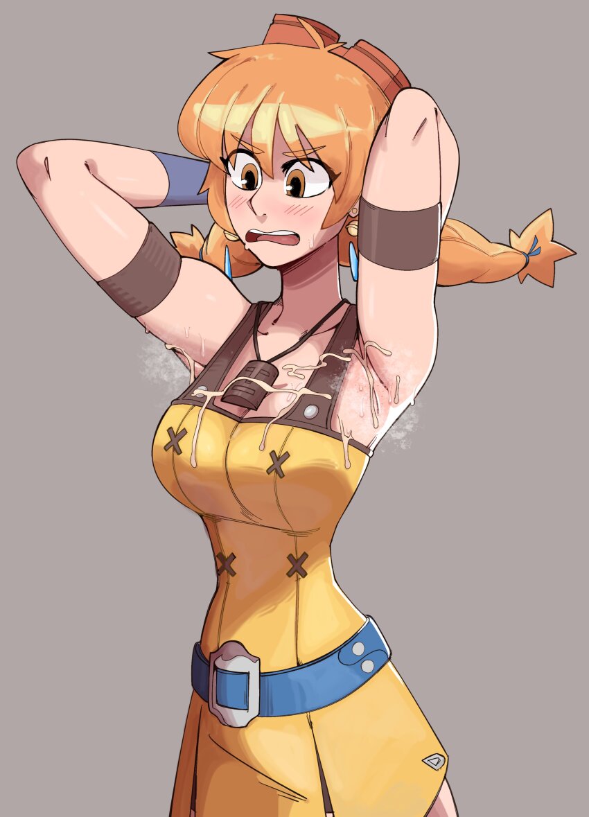1girl absurdres aika_(eternal_arcadia) armband armpit_crease armpits braid breasts cleavage cum cum_on_armpit cum_on_body cum_on_breasts cum_on_clothes cum_on_upper_body earrings eternal_arcadia goggles goggles_on_head highres jewelry orange_hair ragingbarbarians sega sweat sweatdrop twin_braids