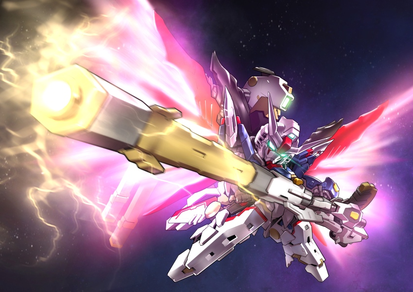 absurdres beam_cannon chibi chinese_commentary commentary_request destiny_gundam_spec_ii electricity energy_wings glowing glowing_eyes green_eyes gundam gundam_seed gundam_seed_freedom highres holding holding_cannon holding_weapon making-of_available mecha mecha_focus mobile_suit no_humans robot science_fiction sd_gundam solo space star_(sky) v-fin weapon zakuma zeus_silhouette