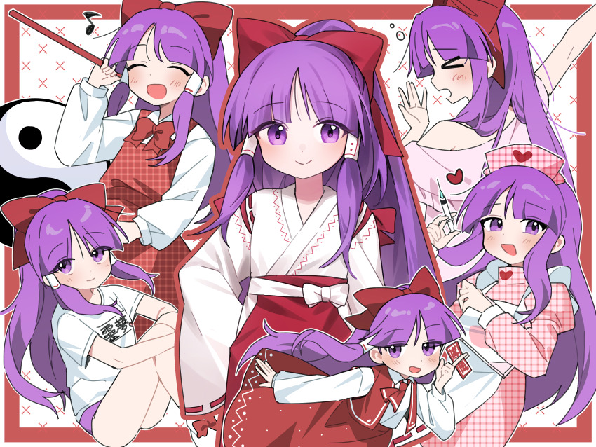 &gt;_&lt; 1girl absurdres alternate_costume between_fingers blush bow bowtie buruma closed_eyes closed_mouth collared_shirt commentary cosplay dress gohei gym_shirt gym_shorts gym_uniform hair_bow hair_tubes hakama hakama_pants hakurei_reimu hakurei_reimu_(pc-98) hat hayazaka_nozomi hayazaka_nozomi_(cosplay) heart heart_print highres holding holding_gohei holding_syringe japanese_clothes kimono long_hair long_sleeves looking_at_viewer lotus_land_story miko multiple_views nontraditional_miko nurse nurse_cap official_alternate_costume ofuda ofuda_between_fingers open_mouth orb pants pink_hat pink_shirt plaid_clothes plaid_dress print_hat purple_eyes purple_hair red_bow red_bowtie red_hakama ribbon ribbon-trimmed_clothes ribbon-trimmed_sleeves ribbon_trim rup_salad rupupu_cube rupupu_cube_(cosplay) shirt short_sleeves shorts skirt smile soooooook2 syringe teke_teke_my_heart touhou touhou_(pc-98) turtle very_long_hair white_shirt wide_sleeves yawning yin_yang yin_yang_orb yoshizawa_yumimi yoshizawa_yumimi_(cosplay) yumimi_mix