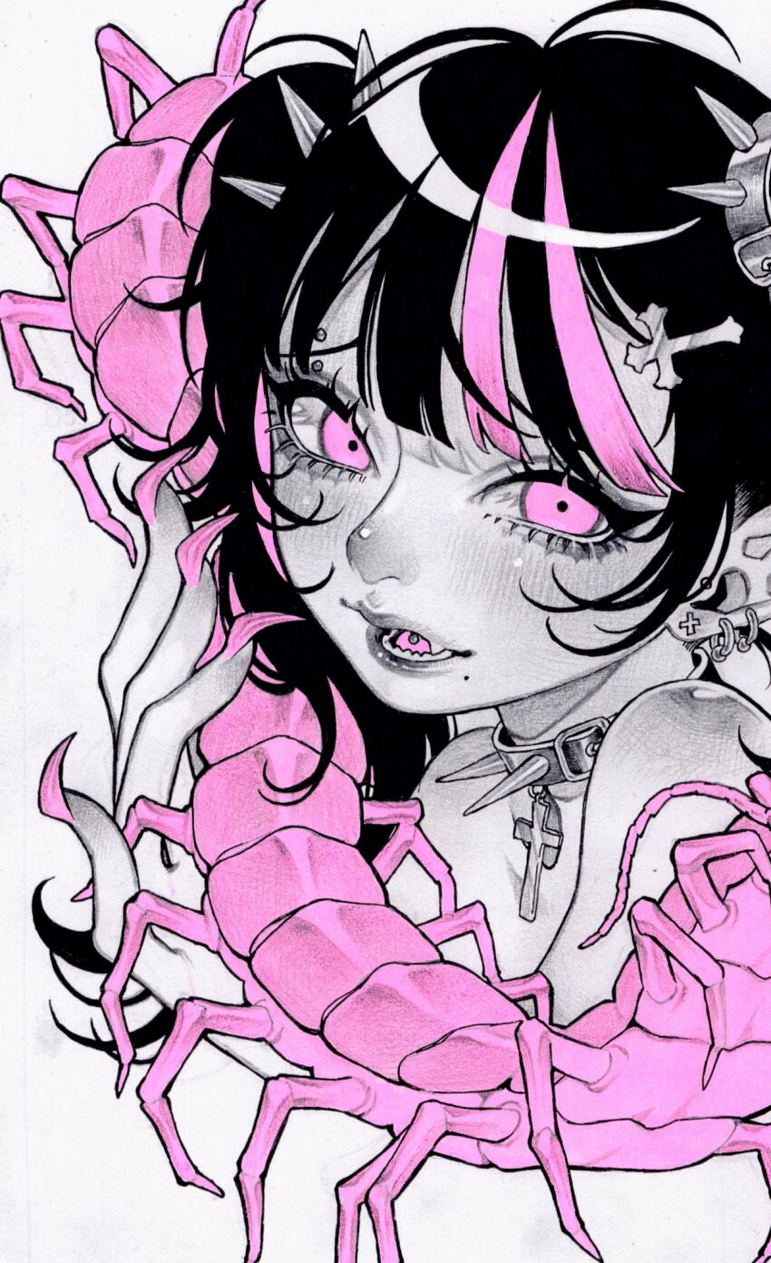 1girl black_hair blush bug centipede choker collar colored_skin cross cross_choker cross_hair_ornament eyebrow_piercing fingernails grey_skin hair_ornament highres kuua_oyasumi looking_at_viewer mole mole_under_mouth multicolored_hair multiple_piercings original piercing pink_eyes pink_nails sharp_fingernails solo spiked_collar spiked_hair_ornament spikes streaked_hair tongue_piercing twintails upper_body