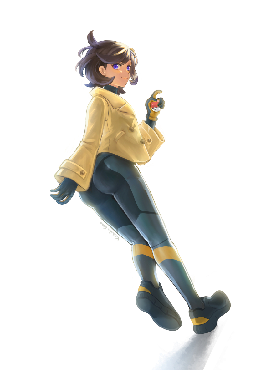 1girl absurdres ass black_bodysuit black_gloves black_shoes blue_eyes bodysuit bodysuit_under_clothes brown_hair closed_mouth commentary_request emma_(pokemon) full_body gloves hand_up highres holding holding_poke_ball jacket long_sleeves nintendo poke_ball poke_ball_(basic) pokemon pokemon_legends:_z-a shoes short_hair smile solo white_background yellow_jacket yoshida-smile