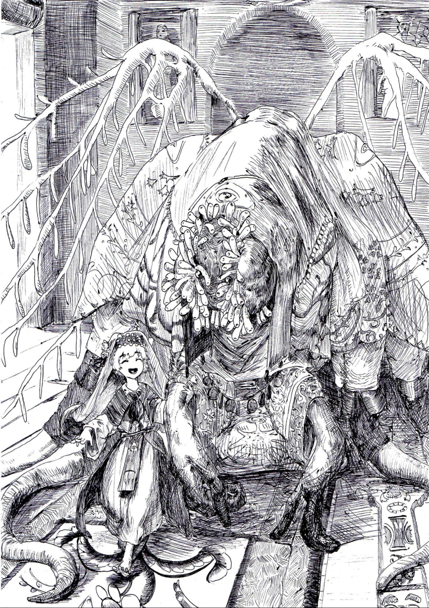 2girls absurdres bloodborne brown_eyes ebrietas_daughter_of_the_cosmos eldritch_abomination hatoba_tsugu highres kiwa_(soek) monochrome monster multiple_girls short_hair tentacles traditional_clothes traditional_media tsugu_(vtuber) virtual_youtuber wings yuri