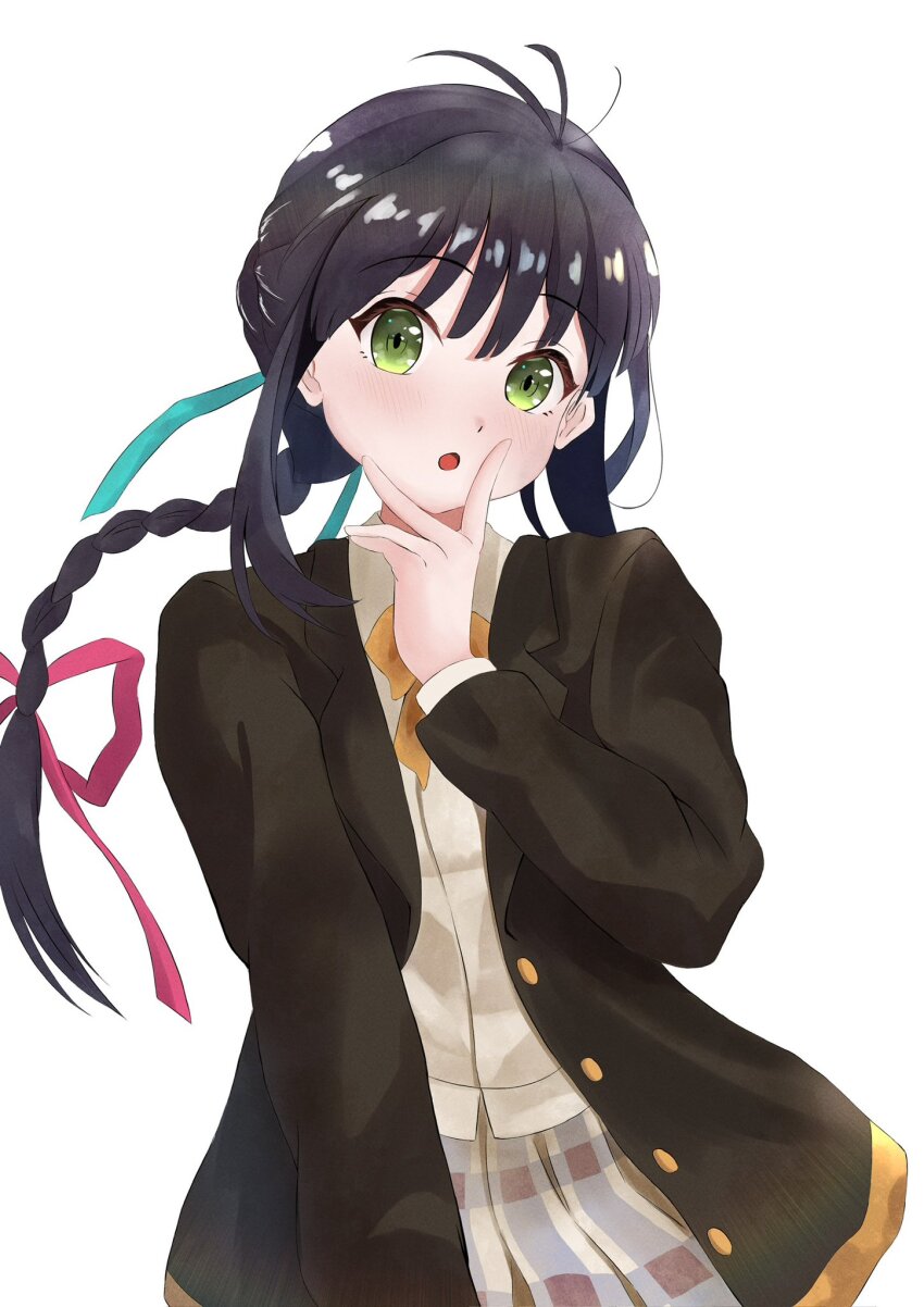 1girl 22/7 :o antenna_hair black_hair black_jacket bow bowtie braid braided_ponytail brown_skirt cowboy_shot green_eyes green_ribbon hair_ribbon highres jacket long_hair long_sleeves looking_at_viewer open_clothes open_jacket open_mouth plaid_clothes plaid_skirt pleated_skirt red_ribbon ribbon shirt simple_background single_braid skirt solo v v_over_mouth white_background white_shirt yagami_toa yay_illust yellow_bow yellow_bowtie