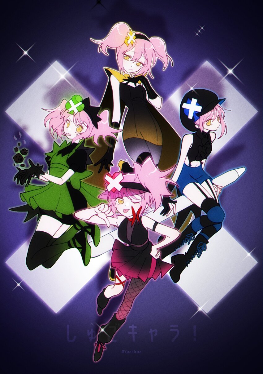 1girl absurdres arm_strap black_boots black_gloves black_leg_warmers black_thighhighs blue_shorts boots cape commentary cross dress fishnet_pantyhose fishnets full_body garter_straps gloves gradient_clothes green_dress hashtag-only_commentary hat headband highres hinamori_amu jewelry leg_warmers looking_at_viewer multiple_views one_eye_closed pantyhose pink_hair ponytail puffy_short_sleeves puffy_sleeves shadow short_sleeves shorts shugo_chara! sidelocks single_leg_pantyhose skirt sleeveless smile solo sparkle striped_clothes striped_thighhighs symbol-only_commentary thighhighs thumbs_down tongue tongue_out twintails twitter_username visor_cap yellow_eyes yuzikoz_mega