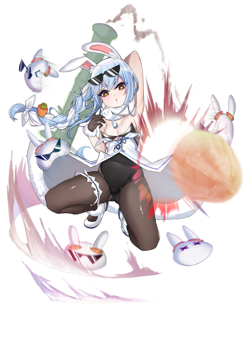 1girl :&gt; absurdres animal_ear_fluff animal_ears ankle_garter arm_behind_head armpits black_gloves black_leotard black_pantyhose blue_hair blue_ribbon braid breasts carrot carrot_hair_ornament cleavage coat food-themed_hair_ornament frilled_thigh_strap fur-trimmed_gloves fur_trim gloves gluteal_fold hair_ornament hair_ribbon highleg highleg_leotard highres hikimayu holding holding_weapon hololive kneeling leotard long_braid long_hair motion_lines multicolored_hair on_one_knee orange_eyes pantyhose parted_hair pekomon_(usada_pekora) playboy_bunny rabbit-shaped_pupils rabbit_ears ribbon rocket_launcher scarf sherryqq simple_background small_breasts smoke smoke_trail strapless strapless_leotard sunglasses symbol-shaped_pupils thick_eyebrows thigh_strap twin_braids two-tone_hair usada_pekora usada_pekora_(1st_costume) virtual_youtuber weapon white_background white_coat white_footwear white_fur white_hair white_ribbon white_scarf