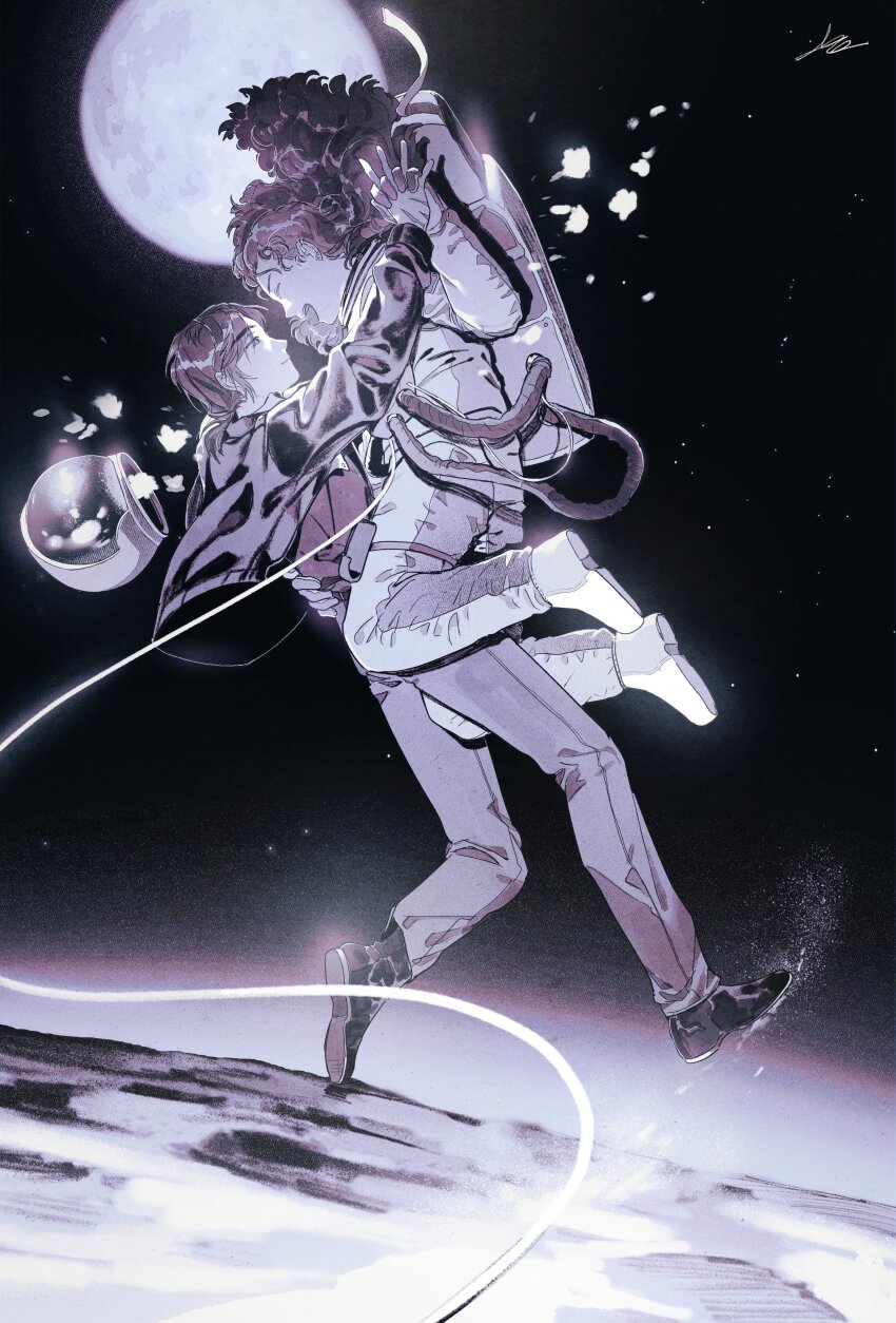 2boys absurdres astronaut bag black_footwear curly_hair earrings floating gloves hand_on_another&#039;s_hip happy helmet highres holding holding_hands in_orbit jacket jewelry looking_at_another medium_hair moon multiple_boys open_mouth original pants ponytail short_hair sidelocks signature smile space space_helmet space_uniform star_(sky) toktin_zq white_footwear