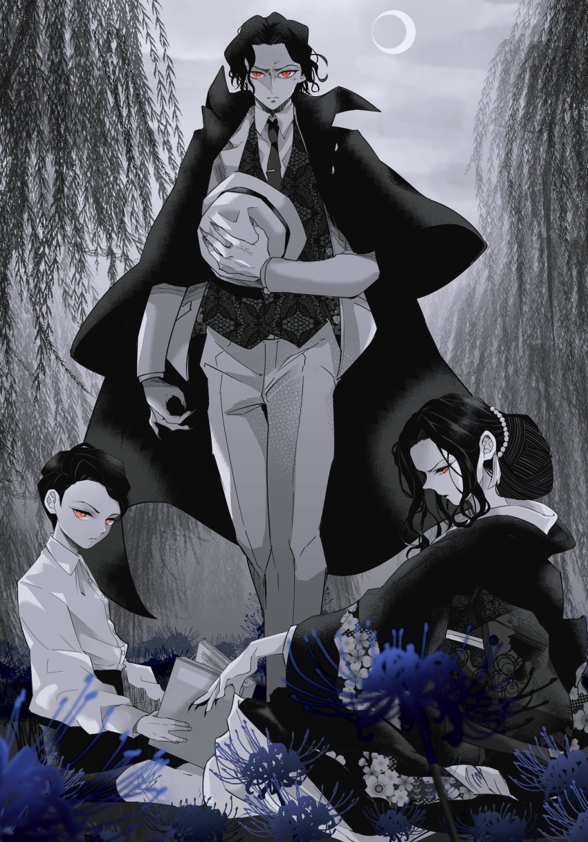3boys arm_at_side beads black_nails blue_flower blue_spider_lily book child cloak closed_mouth collared_shirt crescent_moon dress_shirt eyelashes fingernails flower formal_clothes frown hair_beads hair_ornament hat highres holding holding_book holding_unworn_clothes holding_unworn_hat japanese_clothes kibutsuji_muzan kibutsuji_muzan_(female) kimetsu_no_yaiba kimono long_fingernails long_sleeves looking_at_viewer male_focus moon morita_yuu multiple_boys multiple_persona nail_polish necktie orange_eyes outstretched_arm pants sharp_fingernails shirt shorts sitting slit_pupils socks spider_lily spot_color standing suit toshikuni_(kimetsu_no_yaiba) trap unworn_hat unworn_headwear vest wavy_hair willow