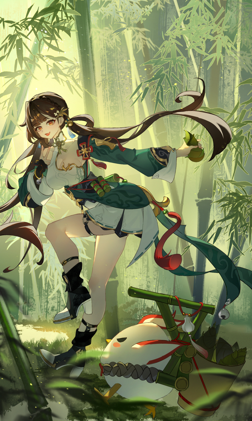 1girl absurdres ankle_belt ankle_strap aqua_dress black_boots black_gloves boots breasts brown_hair china_dress chinese_clothes cleavage detached_sleeves dress fingerless_gloves floating_hair full_body gloves green_dress highres holding honkai_(series) honkai_impact_3rd li_sushang li_sushang_(peregrine_sword) long_hair long_sleeves looking_at_viewer open_mouth outdoors red_pupils single_glove smile solo standing standing_on_one_leg twintails yuan_zhen