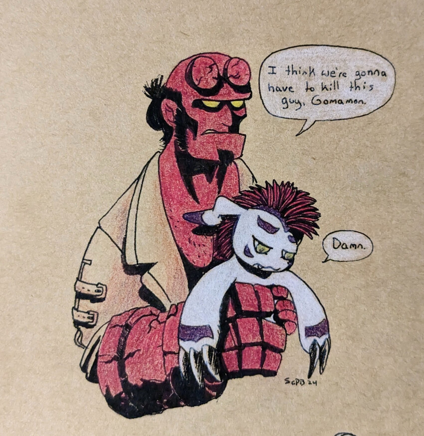 claws crossover digimon digimon_(creature) gomamon green_eyes hellboy hellboy_(comic) highres meme sad