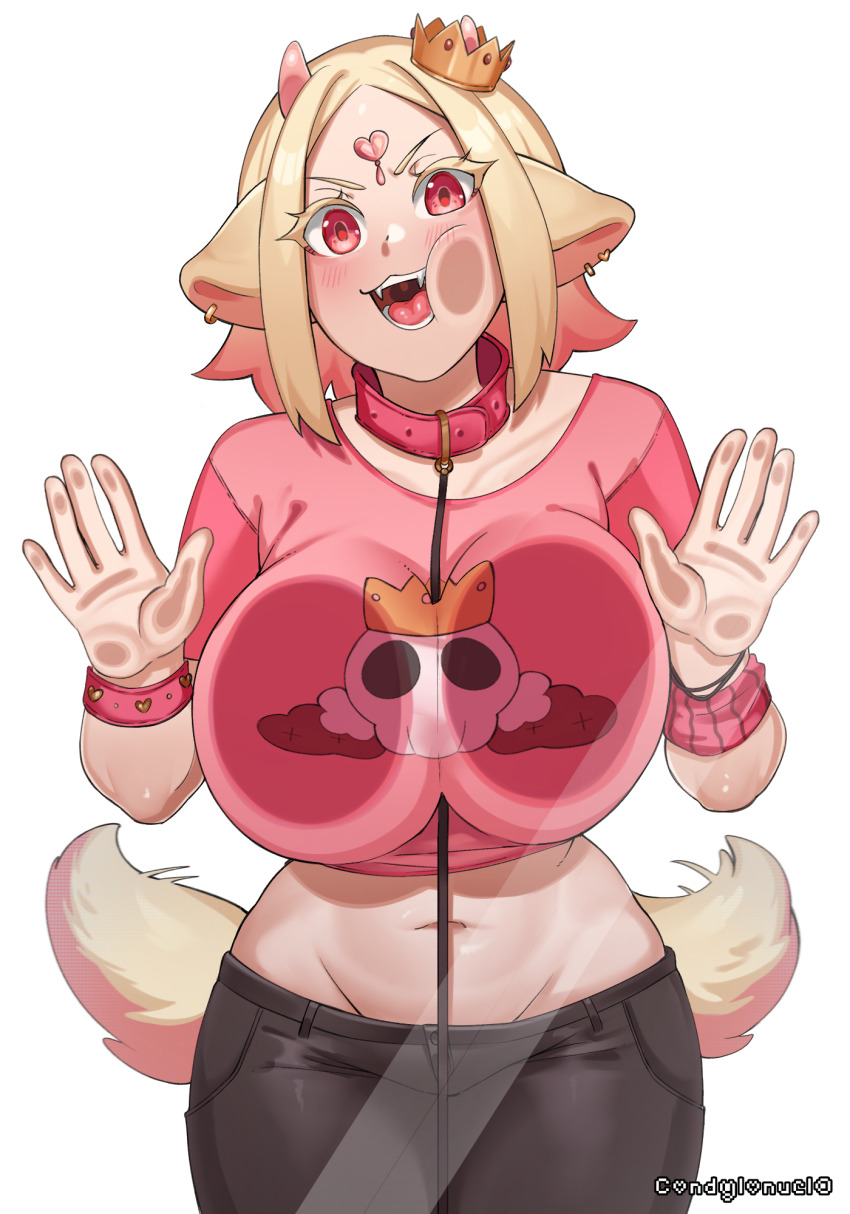 1girl against_fourth_wall against_glass between_breasts blonde_hair breast_press breasts breasts_on_glass cheek_squash commentary commission commissioner_upload condylonucla crown dog_girl english_commentary heart-shaped_ornament highres horns large_breasts leash looking_at_viewer midriff original souffle_(teuthidan) strap_between_breasts