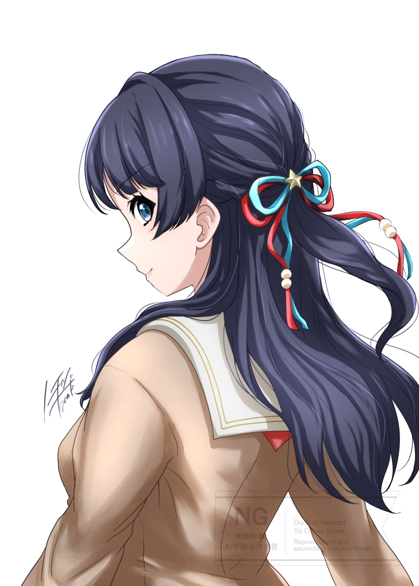 1girl blue_ribbon braid breasts brown_dress closed_mouth commentary_request dress from_behind hair_ornament hair_ribbon half_up_braid half_updo hasu_no_sora_school_uniform highres link!_like!_love_live! long_sleeves looking_at_viewer looking_back love_live! medium_breasts murano_sayaka neckerchief noochan_chonoda profile red_neckerchief red_ribbon ribbon sailor_collar sailor_dress school_uniform signature simple_background smile solo star_(symbol) star_hair_ornament upper_body v-shaped_eyebrows virtual_youtuber watermark white_background white_sailor_collar winter_uniform