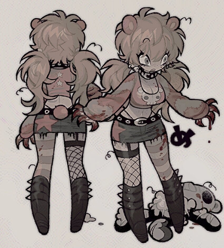 animal_ears asymmetrical_legwear bear_ears belt black_choker blood blood_on_clothes breasts choker claws cleavage cropped_sweater denim denim_skirt highres large_breasts messy_hair original skirt spiked_boots stuffed_animal stuffed_toy stuffing teddy_bear tonkatsu184 twintails