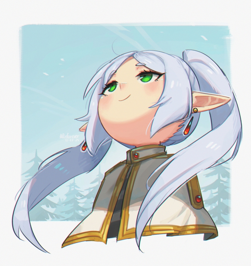 1girl capelet commentary cropped_torso day earrings elf english_commentary fir_tree forest frieren from_below green_eyes highres jewelry light_blush long_hair looking_up meme nature outdoors parted_bangs pointy_ears porforever smile solo sousou_no_frieren teardrop_earrings tree twintails upper_body upward_angle_frieren_drawing_(meme) white_capelet white_hair