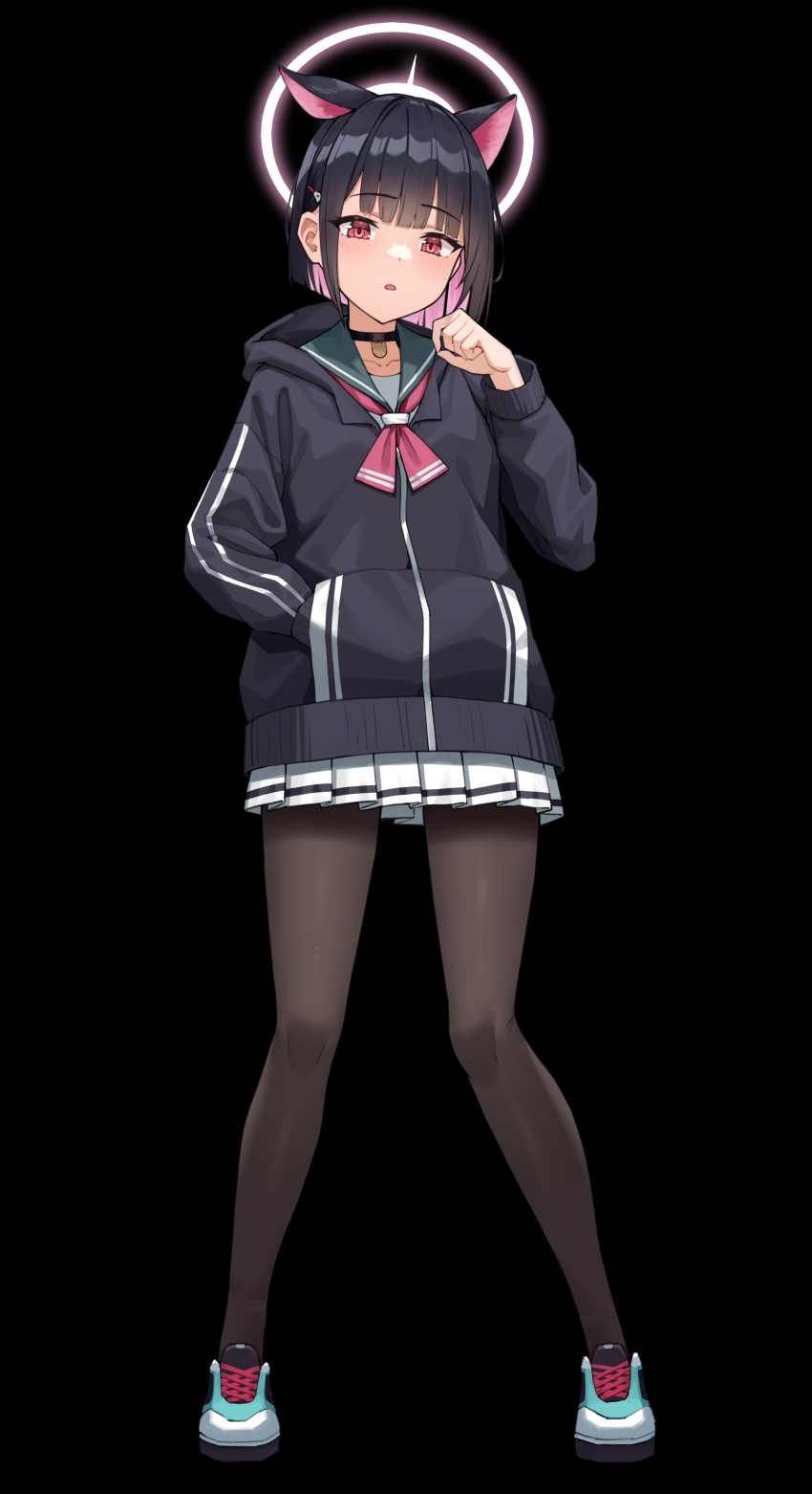 1girl absurdres animal_ears ansauce black_background black_choker black_hair black_hoodie black_pantyhose blue_archive cat_ears choker commentary_request extra_ears full_body halo hand_in_pocket hand_up highres hood hoodie kazusa_(blue_archive) long_sleeves looking_at_viewer neckerchief open_mouth pantyhose pink_hair pink_halo pink_neckerchief pleated_skirt shoes short_hair simple_background skirt solo standing white_skirt