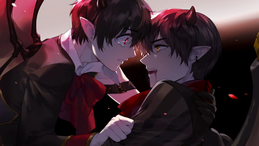 2boys artist_request black_coat blood brothers check_artist coat cyril_(tevi) demon_boy demon_wings dying ear_piercing ein_lee eye_contact game_cg highres looking_at_another male_focus multiple_boys non-web_source open_mouth parted_lips piercing pointy_ears red_eyes sable_(tevi) siblings spoilers tearing_up tevi wings yellow_eyes