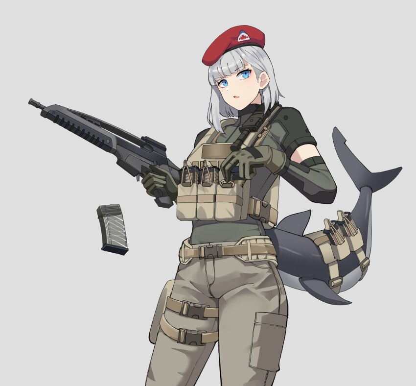 1girl absurdres beret blue_eyes chest_rig commission fins fish_tail gar32 gloves green_gloves green_shirt grey_background grey_hair grey_pants h&amp;k_xm8 hat highres magazine_(weapon) original pants red_hat reloading shark_girl shark_print shark_tail shirt solo tail