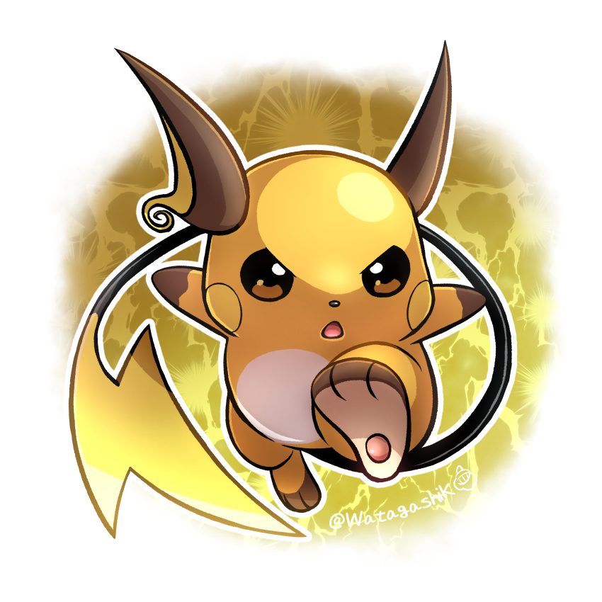 absurdres brown_eyes chibi commentary_request electricity full_body gen_1_pokemon highres looking_at_viewer nintendo no_humans open_mouth outline partial_commentary pokemon pokemon_(creature) pokemon_focus raichu signature solo tail twitter_username two-tone_background watagashikn white_background white_outline yellow_background