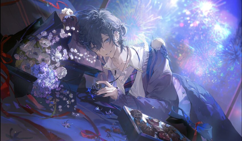 1boy aerial_fireworks anemone_(flower) aoseagrass aquarius_(symbol) blue_bow blue_eyes blue_flower blue_hair bouquet bow box box_of_chocolates character_request chocolate collared_shirt copyright_request fireworks flower flower_request gift gift_box hair_between_eyes hair_ornament hair_tie hairpin highres holding holding_key hydrangea indoors jacket jewelry key key_necklace light looking_at_viewer lying male_focus medium_hair necklace necktie night on_side open_clothes open_jacket parted_lips pillow pink_flower purple_flower purple_jacket red_ribbon ribbon shirt smile solo white_shirt yellow_flower