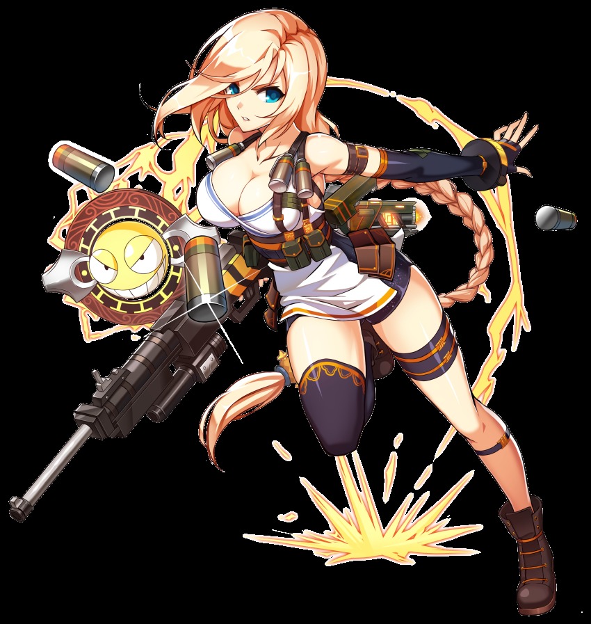1girl absurdres asymmetrical_legwear black_gloves black_thighhighs blonde_hair blue_eyes bracelet braid breasts cleavage collarbone elbow_gloves elsword female_focus fingerless_gloves freyja_(elsword) full_body gloves gun highres holding holding_gun holding_weapon jewelry long_hair low-tied_long_hair medium_breasts official_art one_eye_closed ress riffle rifle rose_(elsword) single_braid solo thigh_strap thighhighs transparent_background uneven_legwear very_long_hair weapon