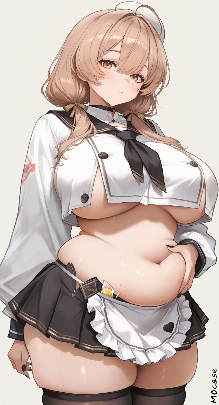 1girl absurdres ahoge ai-assisted apron belly black_nails black_skirt bready_(nikke) breasts brown_eyes brown_hair brown_neckerchief brown_ribbon candy commentary cowboy_shot cropped_shirt food goddess_of_victory:_nikke hair_ribbon hand_on_own_stomach hat highres large_breasts lollipop long_hair long_sleeves looking_at_viewer low_twintails miniskirt mocase nail_polish navel neckerchief ok_sign patissier plump popped_button ribbon shirt sideboob sidelocks signature simple_background skirt solo stomach straight_hair twintails underboob waist_apron white_background white_hat white_shirt