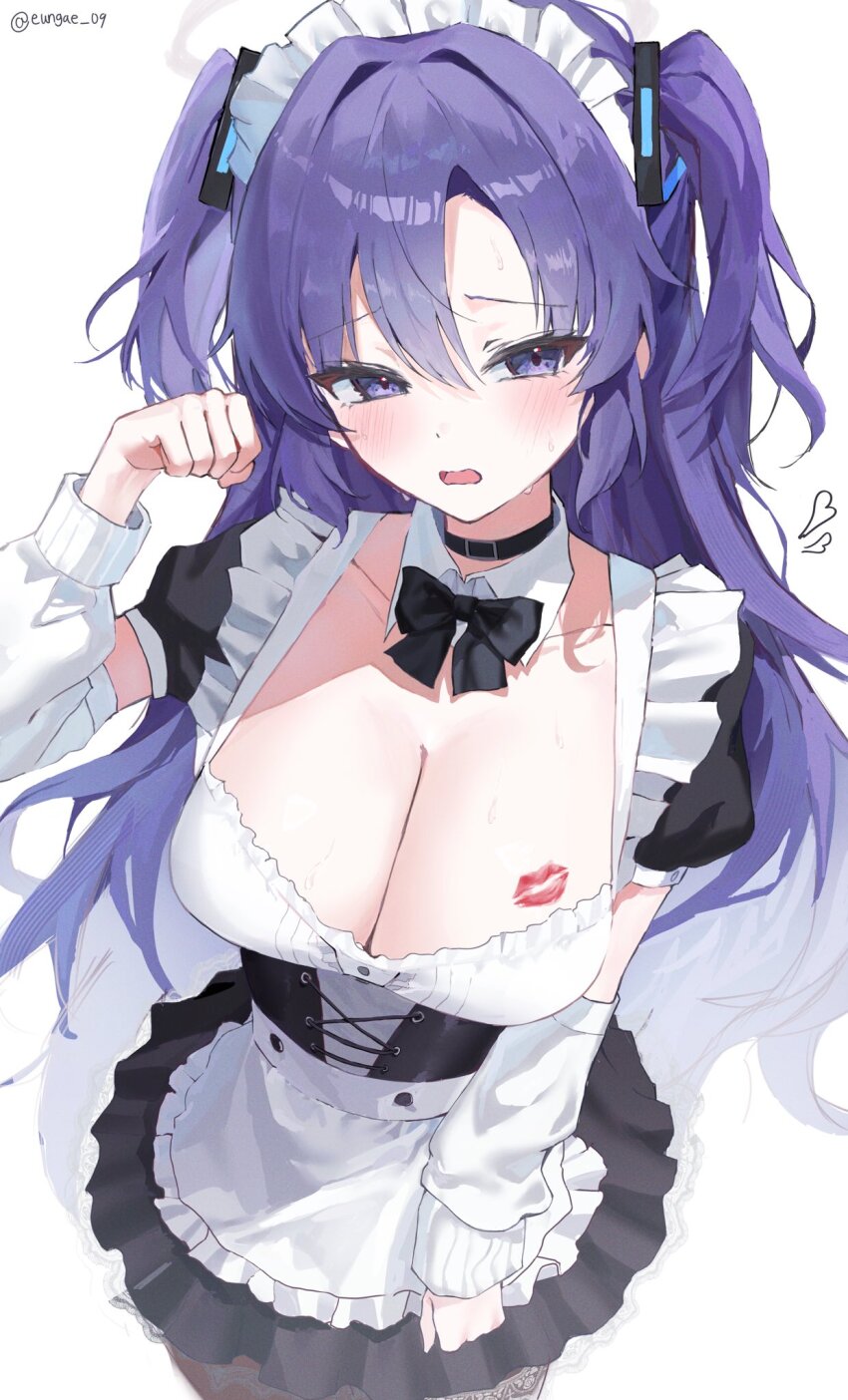 1girl alternate_costume apron black_bow black_bowtie black_choker black_dress blue_archive blush bow bowtie breasts choker cleavage collarbone cowboy_shot detached_collar detached_sleeves dress embarrassed enmaided eungae_09 eyelashes foreshortening frilled_apron frills furrowed_brow hair_intakes hair_ornament halo hand_up hashtag-only_commentary heart highres large_breasts lipstick_mark long_hair looking_at_viewer maid maid_headdress open_mouth paw_pose puffy_short_sleeves puffy_sleeves purple_eyes purple_hair short_sleeves simple_background solo sweat triangle_hair_ornament twitter_username two_side_up very_long_hair waist_apron wavy_mouth white_apron white_background yuuka_(blue_archive)