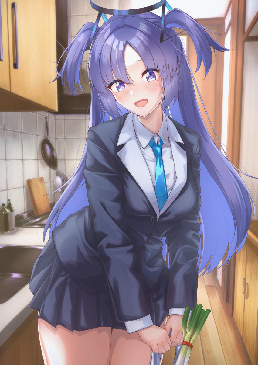 1girl :d absurdres alternate_costume bag black_jacket black_sleeves blue_archive blue_necktie cabinet collared_shirt cowboy_shot dot_nose forehead frilled_skirt frills hallway halo highres holding holding_bag indoors jacket kagin_(kagou_shita_nanika) kitchen leaning_forward legs_together long_sleeves looking_at_viewer loose_necktie necktie open_mouth parted_bangs plastic_bag purple_eyes purple_hair shadow shirt short_twintails sink skirt smile solo spring_onion thighs twintails utensil white_shirt wok wooden_floor yuuka_(blue_archive)