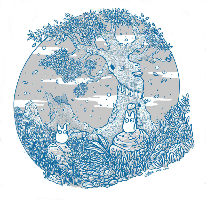 chibi_totoro cloud commentary english_commentary falling_feathers feathers highres holding holding_leaf leaf limited_palette nature no_humans outdoors oval petals syntetyc tonari_no_totoro tree white_background