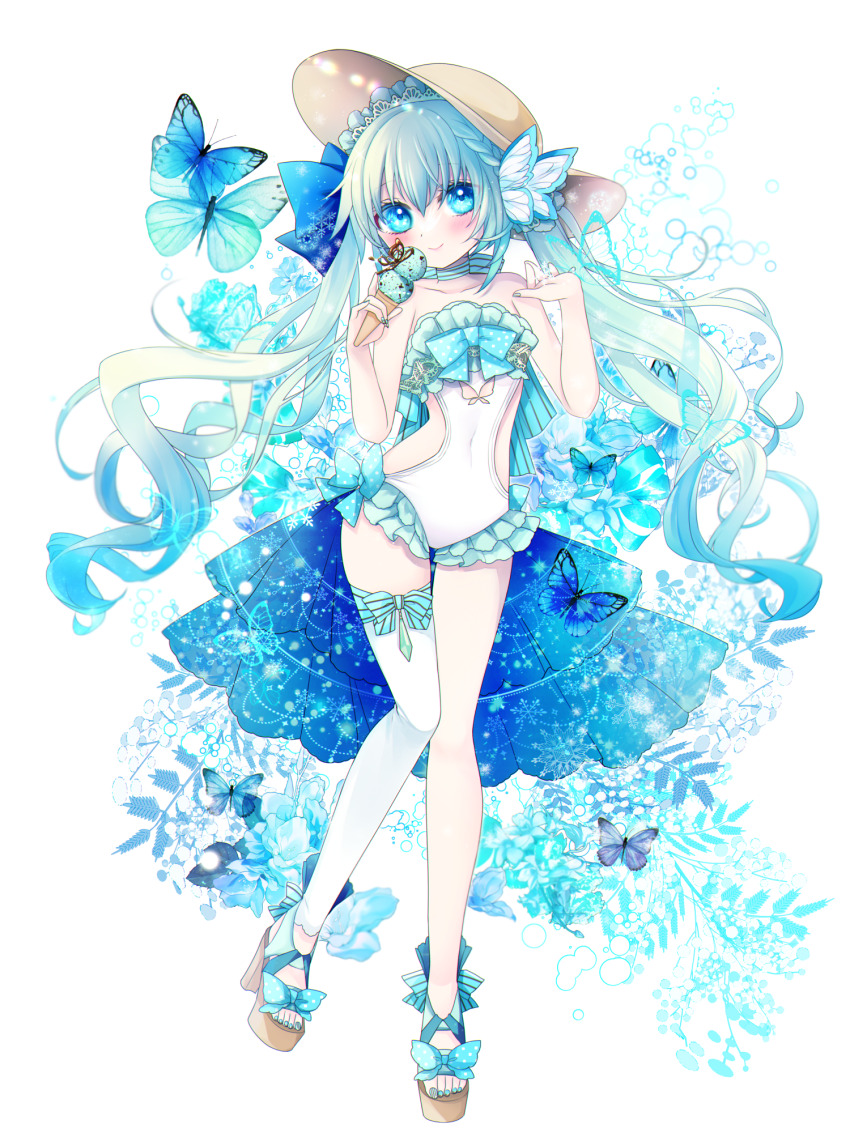 1girl blue_bow blue_butterfly blue_eyes blue_nails blush bow braid breasts bug butterfly clothing_cutout covered_navel dairoku_ryouhei frilled_leotard frills full_body hair_bow hat highres holding holding_ice_cream_cone ice_cream_cone insect koizumi_ginka leotard long_hair looking_at_viewer platform_sandals royaltea87 sandals side_cutout single_thighhigh small_breasts smile solo standing sun_hat thighhighs very_long_hair white_thighhighs