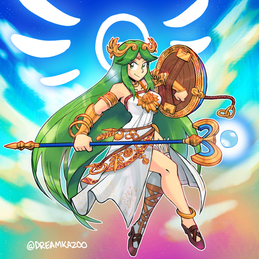 1girl breasts brown_shoes chain circlet clenched_hand collarbone dreamkazoo gold_chain green_eyes green_hair highres holding holding_staff kid_icarus kid_icarus_uprising long_hair nintendo outline palutena shield shoes single_thighhigh solo staff thighhighs vambraces very_long_hair white_outline