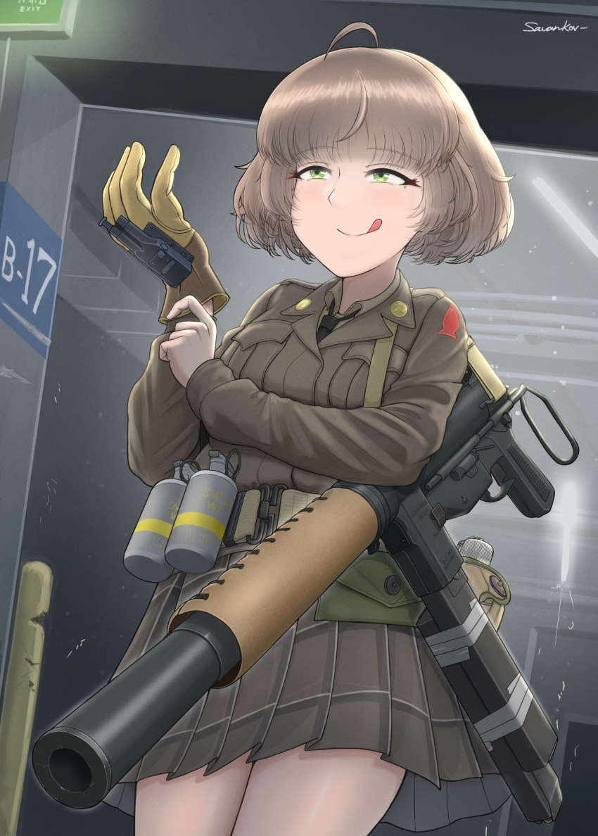 1girl artist_name black_necktie brown_hair brown_jacket brown_shirt gloves green_eyes grey_skirt gun highres jacket jungle_style m3_submachine_gun miniskirt necktie original plaid_clothes plaid_skirt pleated_skirt savankov sedgley_oss_.38 shirt skirt smoke_grenade solo submachine_gun tongue tongue_out weapon yellow_gloves