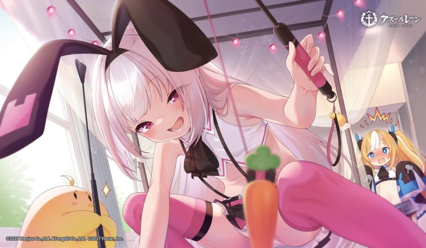 2girls :d ^^^ animal animal_ears azur_lane bare_arms bare_shoulders bird black_headband black_skirt blonde_hair blue_eyes blurry blurry_foreground blush carrot_on_stick chick commentary_request copyright_name copyright_notice covered_navel crop_top curtains day depth_of_field eyes_visible_through_hair fake_animal_ears feet_out_of_frame grey_hair headband hobby_(azur_lane) holding indoors kalk_(azur_lane) kanya_pyi long_hair long_sleeves looking_at_viewer manjuu_(azur_lane) multicolored_hair multiple_girls nose_blush official_art open_mouth panties pink_thighhighs pleated_skirt rabbit_ears red_eyes riding_crop see-through_clothes shirt skirt sleeves_past_fingers sleeves_past_wrists smile suspender_skirt suspenders thighhighs twintails two-tone_hair underwear very_long_hair white_hair white_panties white_shirt window