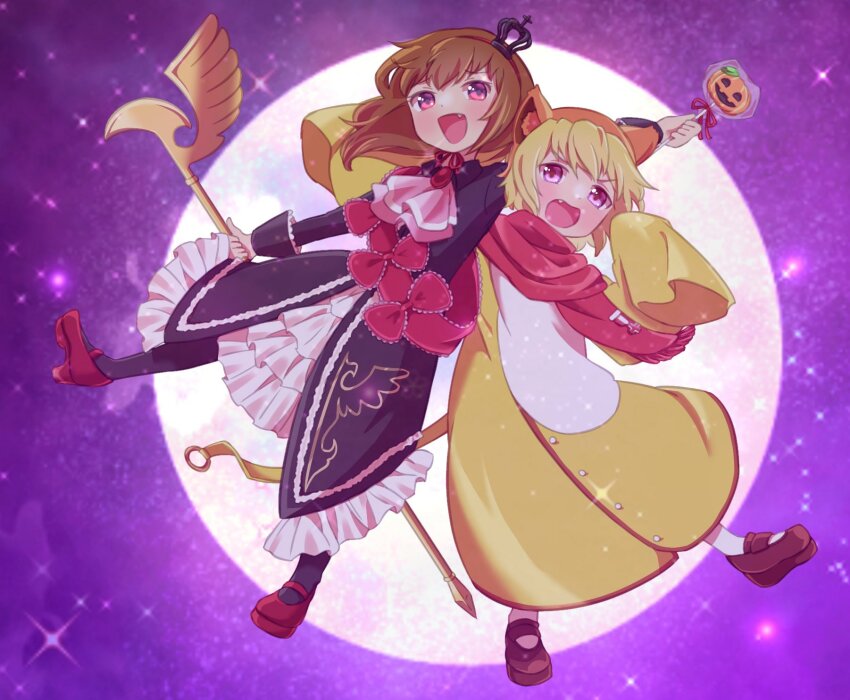 07rakugan 1boy 1girl animal_ears bow brown_hair candy cat_ears child dress food full_moon headband highres holding holding_candy holding_food holding_staff moon red_bow red_scarf sakutarou_(umineko) scarf staff umineko_no_naku_koro_ni ushiromiya_maria