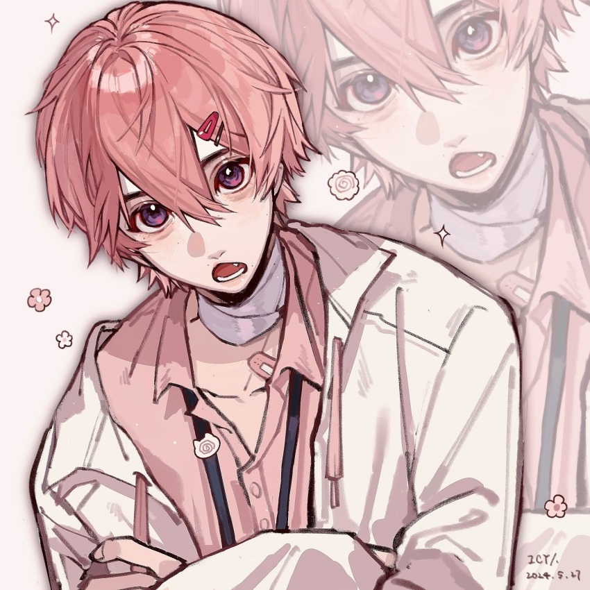 1boy bandaged_neck bandages bilibili buttons collared_shirt datemaki_(food) drawstring gaosi_goh head_tilt highres icy_suluoluo jacket long_sleeves looking_at_viewer male_focus open_mouth pink_hair pink_shirt purple_eyes shirt simple_background solo sparkle team_xiaotao white_background white_jacket zoom_layer