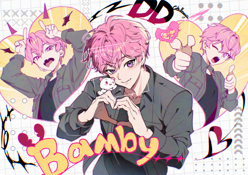 1boy absurdres arms_up bamby_(plave) black_shirt bonaduna character_name closed_mouth grey_jacket grid_background hair_between_eyes heart heart_hands highres horns_pose index_finger_raised jacket k-pop long_sleeves looking_at_viewer male_focus multiple_views one_eye_closed open_mouth pink_hair plave pointing pointing_forward purple_eyes shirt short_hair smile tongue tongue_out