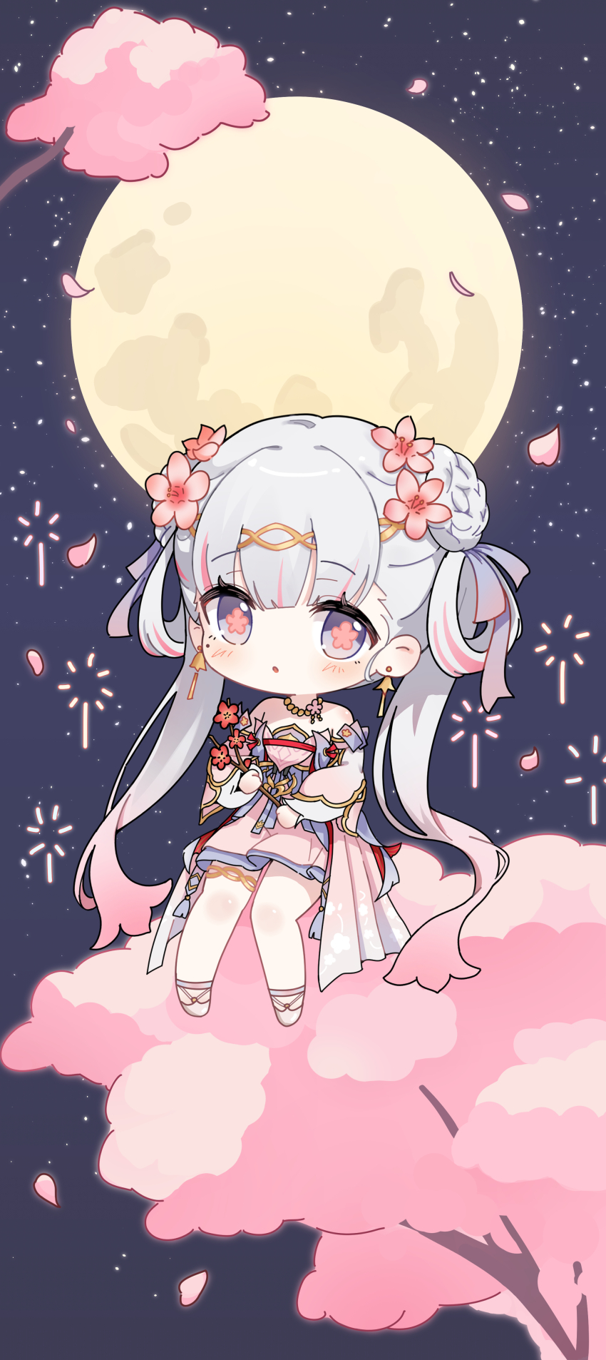 1girl absurdres aerial_fireworks blush cherry_blossoms chibi chibi_only colored_tips commentary dress earrings fireworks flower flower-shaped_pupils full_moon hair_flower hair_ornament hair_ribbon highres in_tree jewelry jinhsi_(peach_blossom)_(wuthering_waves) jinhsi_(wuthering_waves) koy_(4767269) looking_at_viewer low_twintails moon multicolored_hair night official_alternate_costume pink_dress pink_flower pink_hair pink_petals pink_pupils pink_ribbon ribbon sitting sitting_in_tree solo symbol-shaped_pupils tree twintails two_side_up white_eyes white_hair wuthering_waves
