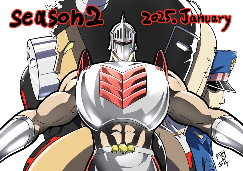 2024 2025 6+boys abs arm_up armor biceps black_hole_(kinnikuman) brocken_jr. buffaloman dared dated english_text grin hat helmet highres horns kinnikuman looking_at_viewer manly marufuji_hirotaka mask military_hat military_uniform multiple_boys muscular official_art pectorals ramenman robin_mask shaded_face smile springman_(kinnikuman) standing upper_body warsman white_background wrestling wrestling_mask wrestling_outfit