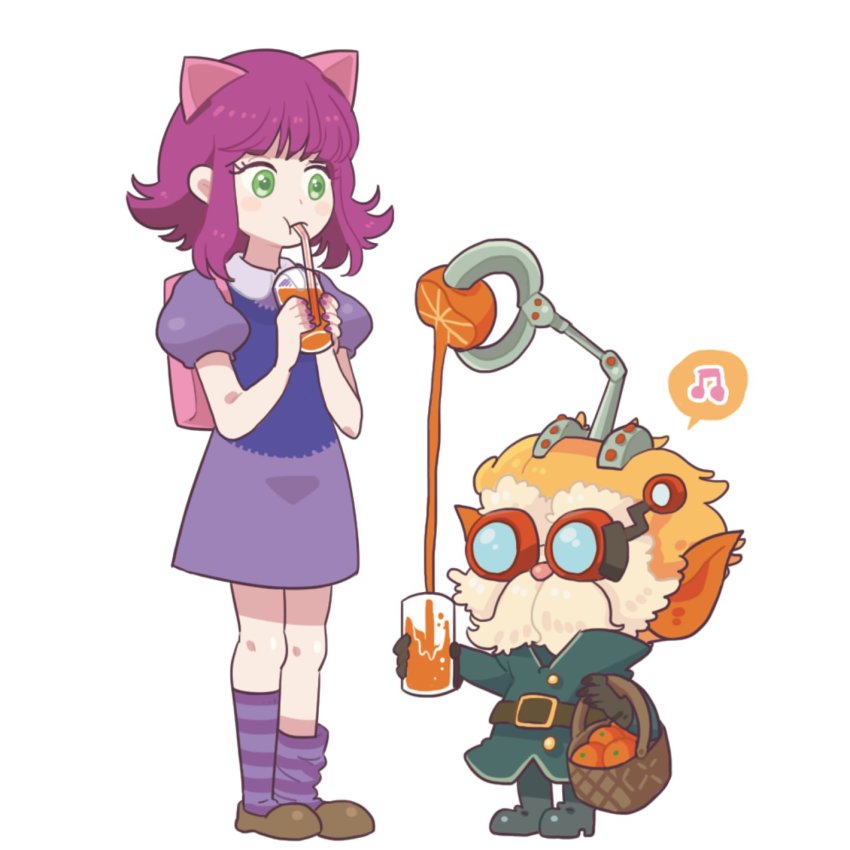 1boy 1girl animal_ears annie_(league_of_legends) backpack bag basket beard belt blush_stickers brown_belt brown_footwear cat_ears cup dress drinking drinking_straw facial_hair food fruit full_body glass goggles green_eyes green_footwear green_jacket heimerdinger highres hiyari_(hiyarilol) holding holding_basket holding_cup jacket juice kneehighs league_of_legends orange_(fruit) orange_juice pink_hair pink_socks puffy_short_sleeves puffy_sleeves short_sleeves socks standing yordle