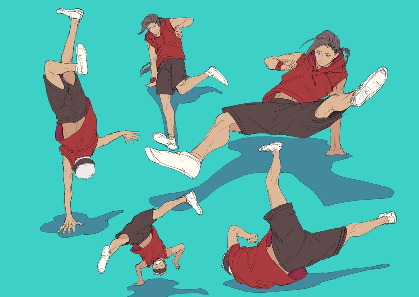 2boys blue_background breakdance brown_hair commentary_request full_body grey_hair hood hoodie jamil_viper kalim_al-asim long_hair male_focus multiple_boys multiple_views penya red_hoodie short_hair shorts simple_background sleeveless sleeveless_hoodie twisted_wonderland