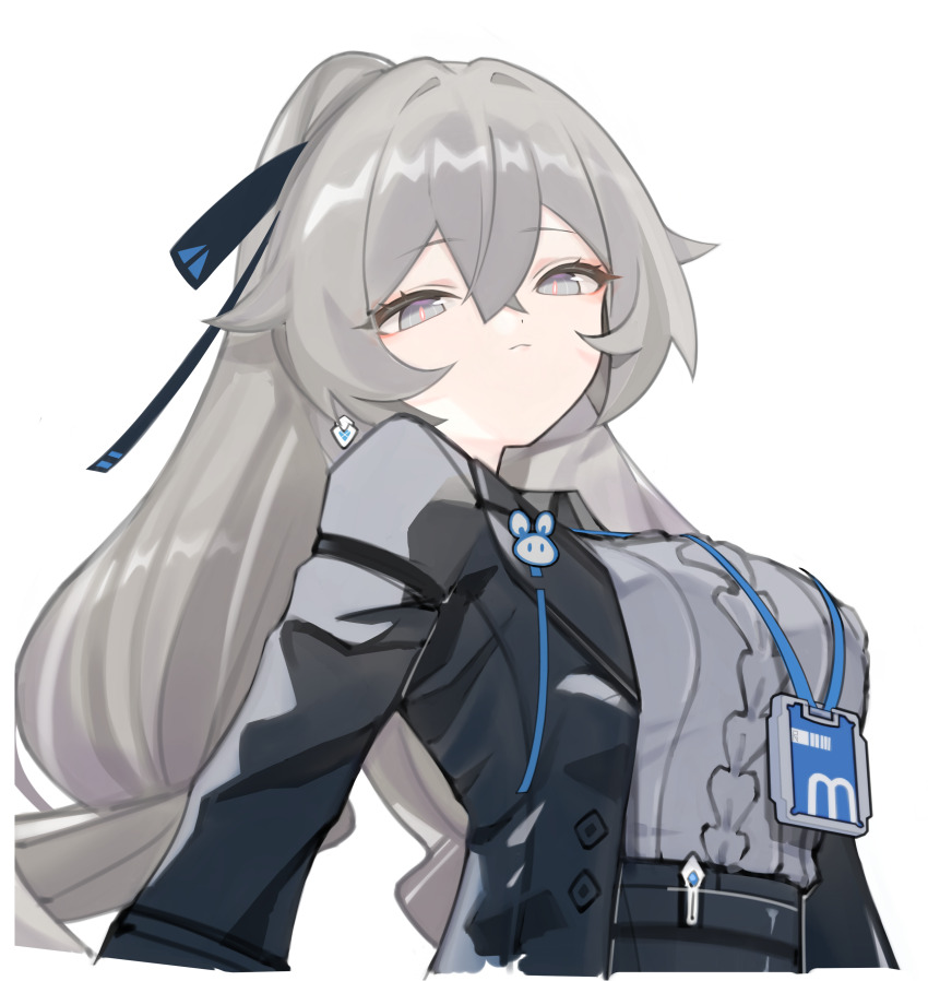 1girl absurdres breasts bronya_zaychik bronya_zaychik_(outstanding_attitude) bronya_zaychik_(silverwing:_n-ex) closed_mouth commentary earrings error1980 grey_eyes grey_hair hair_between_eyes highres honkai_(series) honkai_impact_3rd id_card jewelry lanyard large_breasts long_hair looking_at_viewer official_alternate_costume solo