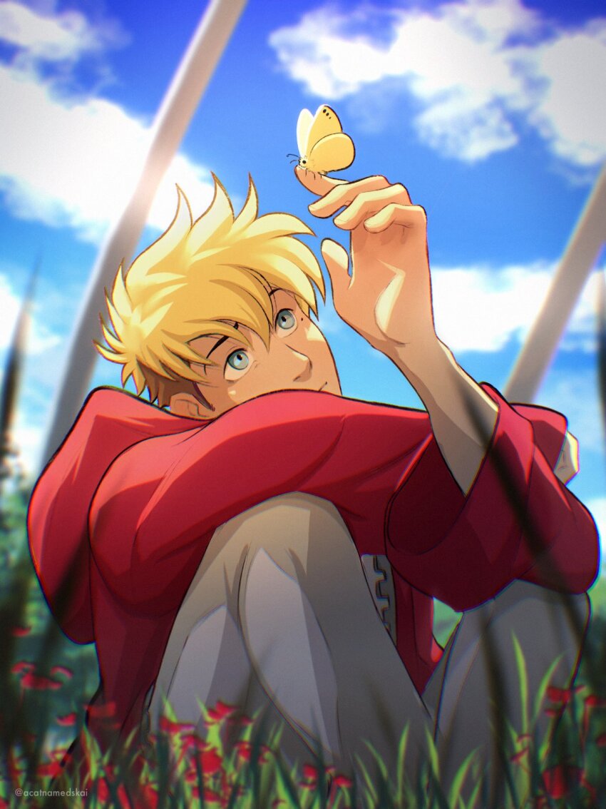 1boy acatnamedskai animal arm_up blonde_hair blue_eyes brown_hair bug butterfly butterfly_on_hand closed_mouth cloud commentary crossed_arms flower grass grey_pants highres hood hood_down hooded_jacket indian_style insect jacket long_sleeves looking_at_animal male_focus multicolored_hair pants red_flower red_jacket short_sideburns sitting sky solo symbol-only_commentary trigun trigun_stampede twitter_username two-tone_hair vash_the_stampede zipper