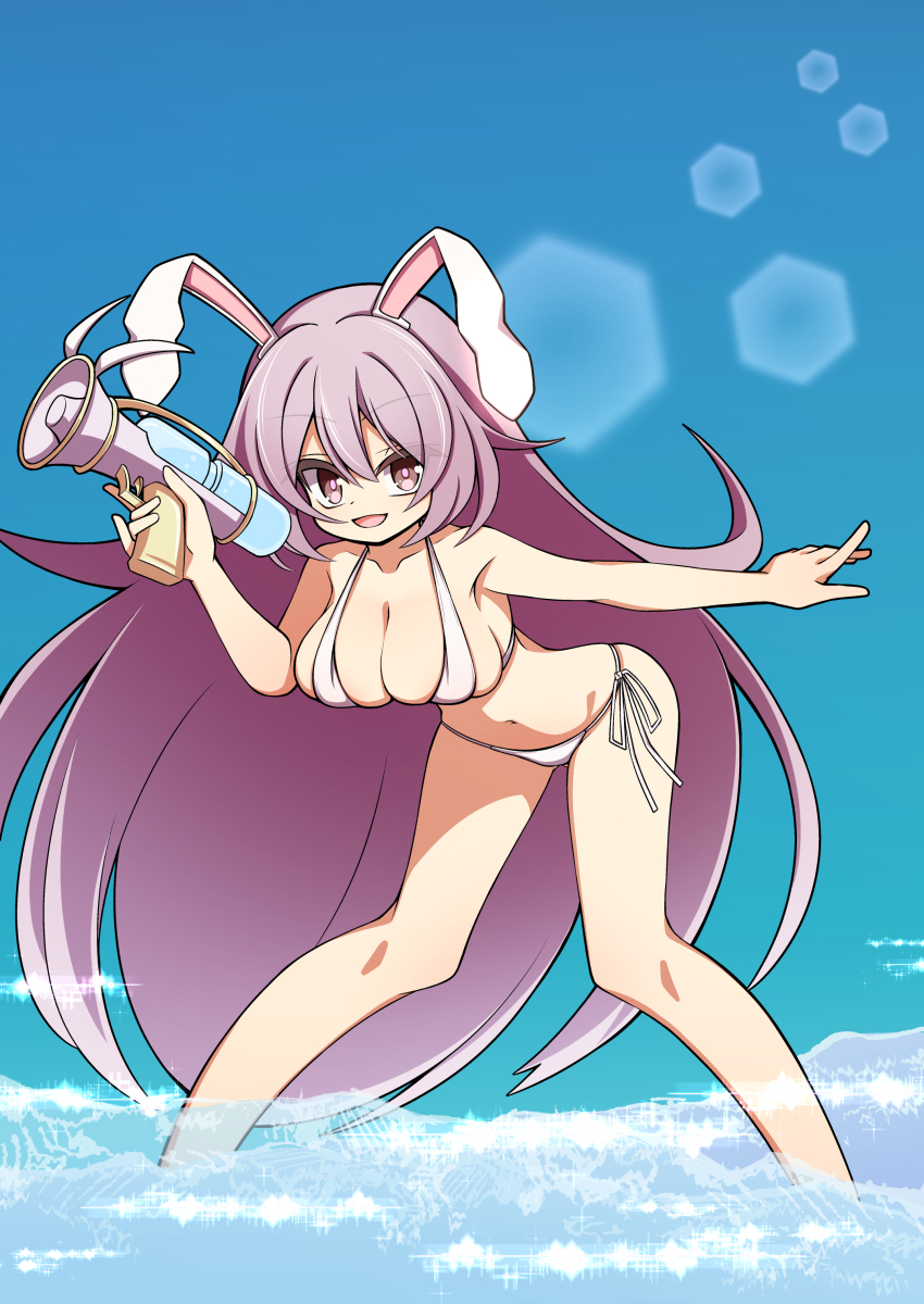 absurdres animal_ears bent_over bikini breasts brown_hair cleavage feet_out_of_frame hekkmushi highres holding holding_water_gun large_breasts lens_flare long_hair looking_at_viewer open_mouth purple_hair rabbit_ears rabbit_girl reisen_udongein_inaba side-tie_bikini_bottom standing swimsuit touhou very_long_hair water_gun white_bikini
