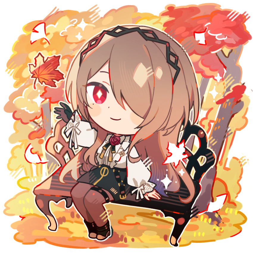 1girl arm_support arm_up autumn autumn_leaves bench black_boots black_gloves black_hairband black_ribbon black_skirt blush blush_stickers boots bright_pupils brooch brown_hair brown_pantyhose center_frills chibi closed_mouth commentary english_commentary falling_leaves flower flower_brooch frilled_sleeves frills gloves grass hair_over_one_eye hairband high_heel_boots high_heels highres honkai_(series) honkai_impact_3rd jewelry leaf long_hair long_sleeves looking_at_viewer maple_leaf mole mole_under_eye naru_(andante) neck_ribbon o-ring on_bench one_eye_covered pantyhose parted_bangs pencil_skirt puffy_long_sleeves puffy_sleeves red_eyes red_flower red_rose ribbon rita_rossweisse rita_rossweisse_(fallen_rosemary) rose second-party_source shirt shirt_tucked_in sidelocks simple_background single_glove sitting skirt smile solo sparkle swept_bangs thigh_strap tree very_long_hair white_background white_pupils white_ribbon white_shirt