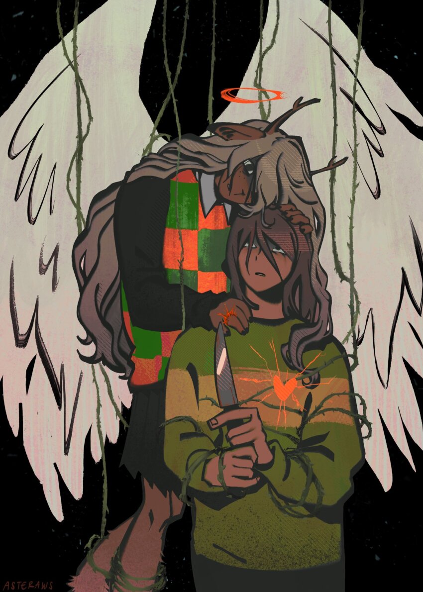 1girl 1other angel_wings antlers asteraws black_background black_skirt blonde_hair brown_hair checkered_clothes checkered_vest commentary deer_antlers deer_girl deltarune english_commentary furry furry_female green_shirt halo hand_on_another&#039;s_head hand_on_another&#039;s_shoulder heart highres holding holding_knife horns jewelry knife kris_(deltarune) long_hair long_sleeves looking_at_another looking_up medium_hair noelle_holiday plant puppet_strings red_halo ring shirt signature skirt striped_clothes striped_shirt thorns very_long_hair vest vines weird_route_(deltarune) white_wings wings