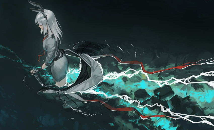 1girl absurdres animal_ears arknights belt breasts danzir facing_away fingerless_gloves frostnova_(arknights) gloves highres long_hair medium_breasts necktie pouch rabbit_ears red_necktie scenery skirt solo standing thighs uniform white_hair