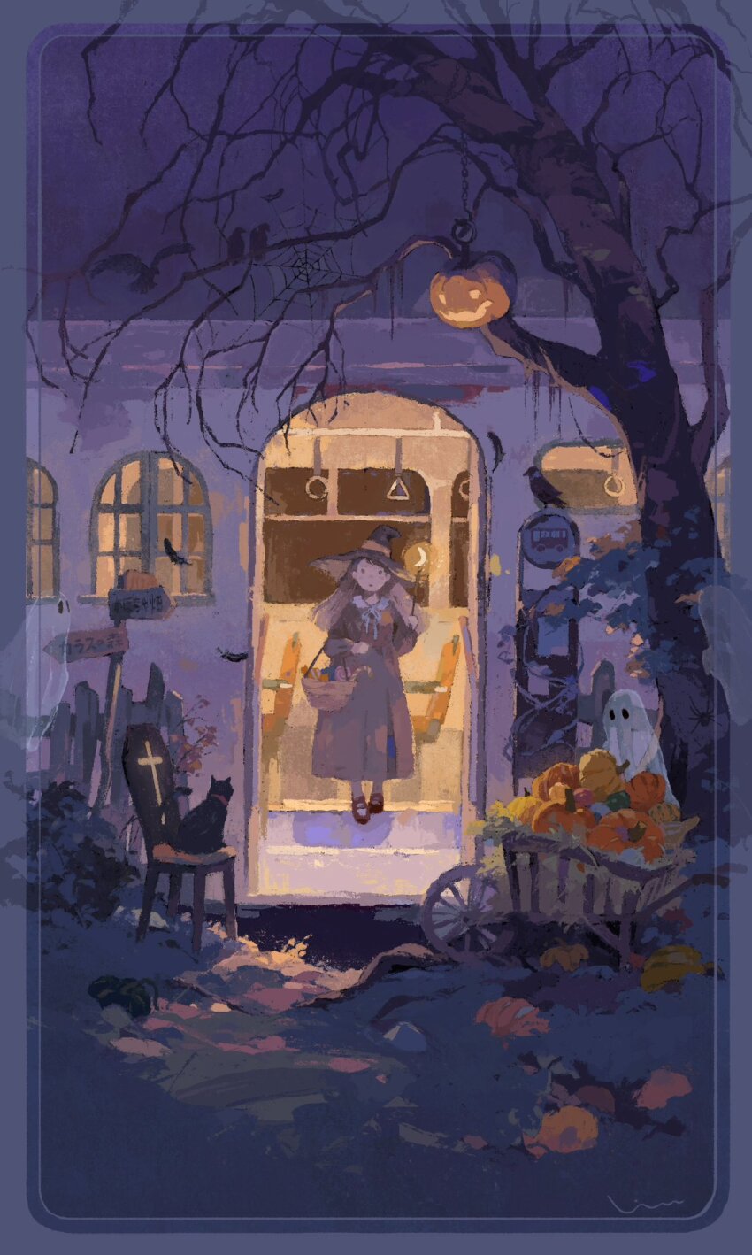 1girl animal bare_tree bird border bug bus bus_stop_sign candy candy_cane cat chair commentary crow dress falling_feathers feathers food ghost grass halloween_bucket halloween_costume hand_grip hat highres holding holding_wand lollipop motor_vehicle night original plant pumpkin rakoshirako signature silk solid_circle_eyes solo spider spider_web symbol-only_commentary tree vines wand wheelbarrow witch witch_hat