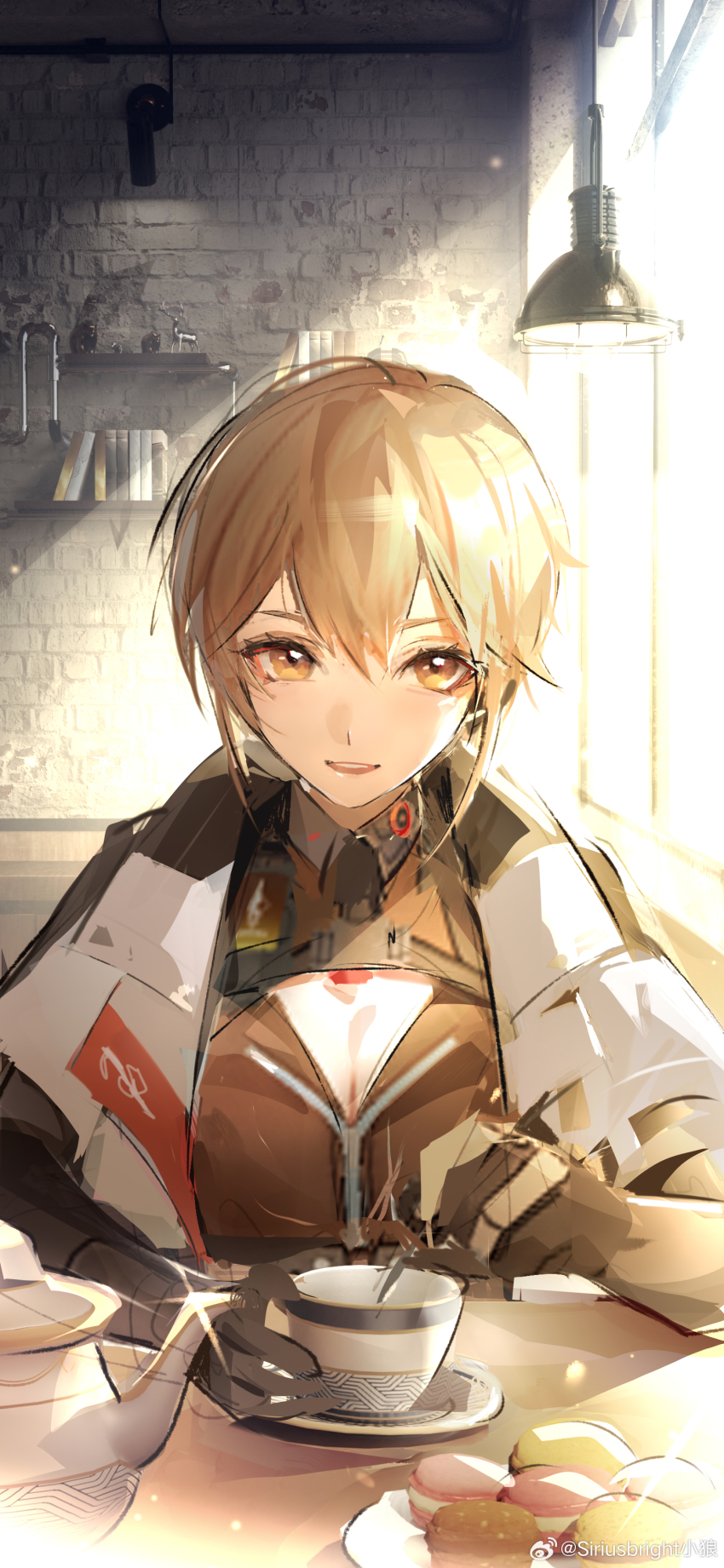 1girl absurdres blonde_hair ceiling_light cup food girls&#039;_frontline girls&#039;_frontline_2:_exilium groza_(girls&#039;_frontline_2) highres jacket macaron ots-14_(girls&#039;_frontline) pov_across_table shelf siriusbright_(xiaolang) sitting smile solo stirring sunlight table teacup teapot watermark weibo_username weibo_watermark white_jacket yellow_eyes
